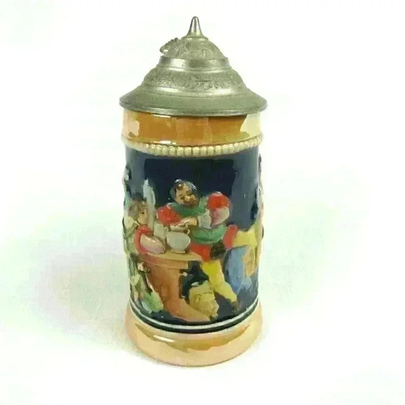 Vintage Beer Stein Pottery Bar Scene Pewter Lid 1921-50s West Germany 0.25 Liter - Picture 3 of 12